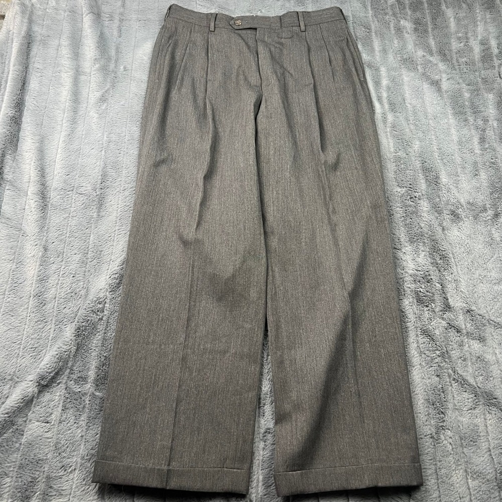 Jos A Bank Mens Charcoal Gray 100% Pure Wool Pleated Cuffed Dress Pants 32x29